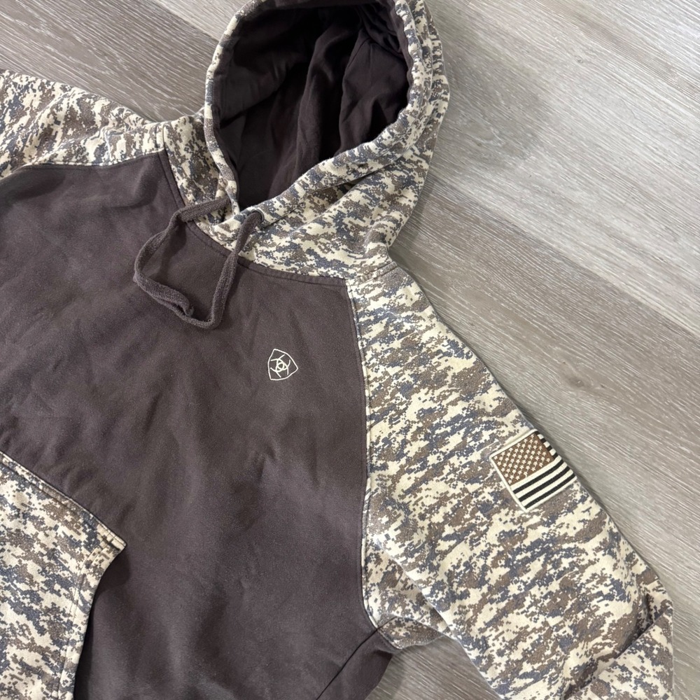 Ariat Patriot Hood Mens XL Brown Digi Camo Flag Patch Pullover Hoodie 10022684